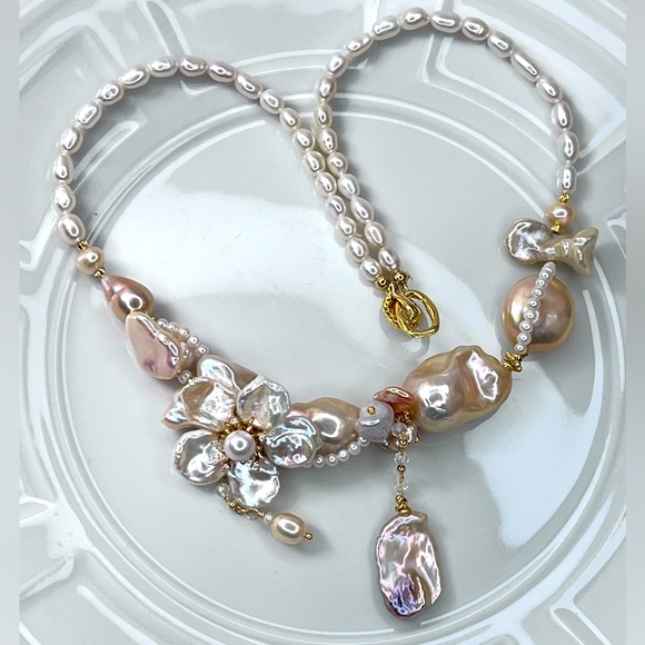 Pearl Jewelry - Handmade Premium Champagne Freshwater Keshi Pearl Flower 🌺 Braided Necklace